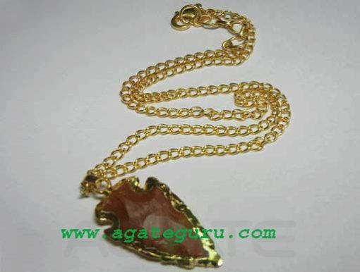 Red Agate Arrowhead Gold Electroplated Pendant Necklace.