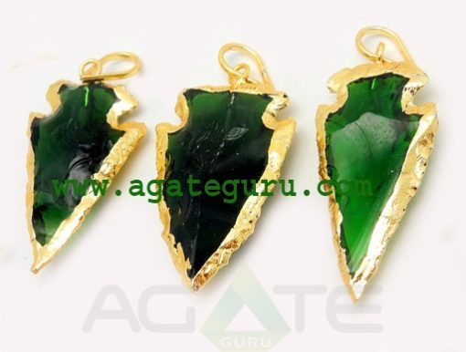 Green Glass Arrowhead Pendant in Electroplated