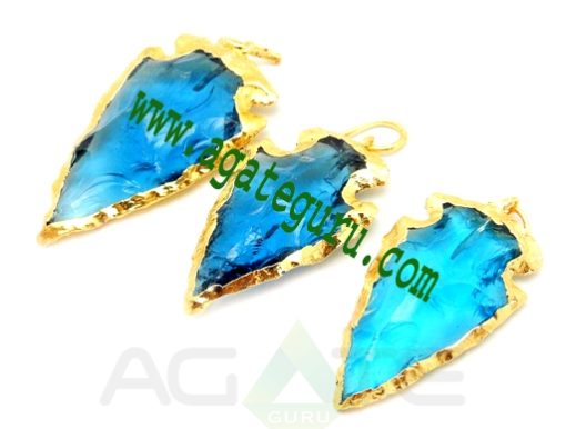 Turquoise Glass Arrowhead Pendant Charm edged in Electroplated