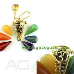 Golden Ohm Cage Pendulum With Chakra Cones : Wholesale Chakra Chamber Pendulum