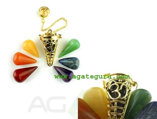 Golden Ohm Cage Pendulum With Chakra Cones : Wholesale Chakra Chamber Pendulum