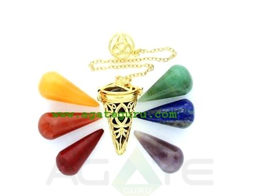 Golden Triquetra Cage Pendulum With Chakra Cones : Wholesale Chakra Chamber Pendulum