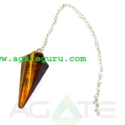 Product Details Item : Chakra Pendulum Stone : Tiger Eye Size : 45-55mm Code : AGP#1192 Shape : Cone Techinque : Handmade
