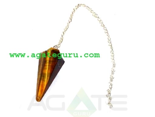 Product Details Item : Chakra Pendulum Stone : Tiger Eye Size : 45-55mm Code : AGP#1192 Shape : Cone Techinque : Handmade