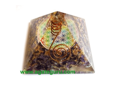 Orgone Healing Energy Pyramids Wholesale Amethyst Orgone Flower of Life Chakra Pyramid with Clear Crystal Point