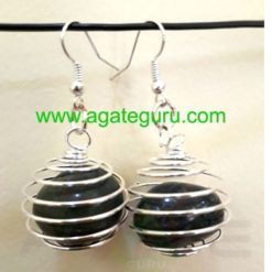 Black Agate Earring Natural Tumbled Stone in a Spiral Bead Cage