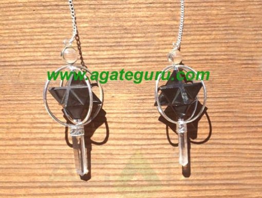 Natural Black Agate Gemstone Merkaba Spinning Star Faceted Pendulum
