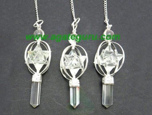 Natural Clear Quartz Gemstone Merkaba Spinning Star Faceted Pendulum